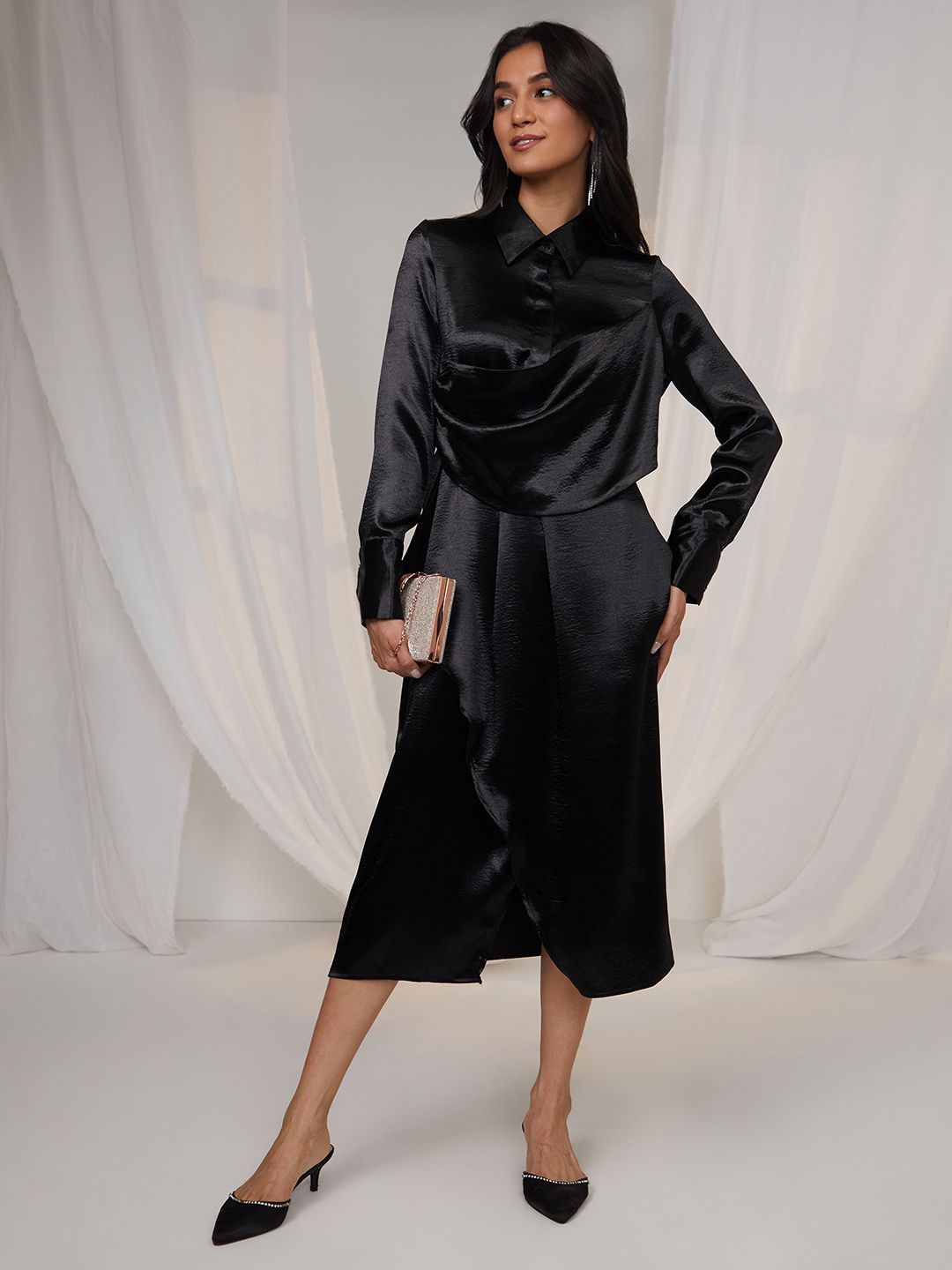 

PINACOLADA Women Satin Shirt Midi Dress, Black