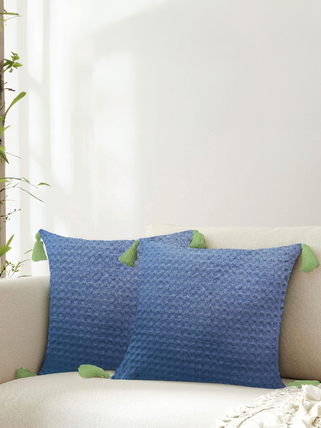 

URBAN SPACE Navy Blue & Green 2 Pieces Checked Square Cushion Covers
