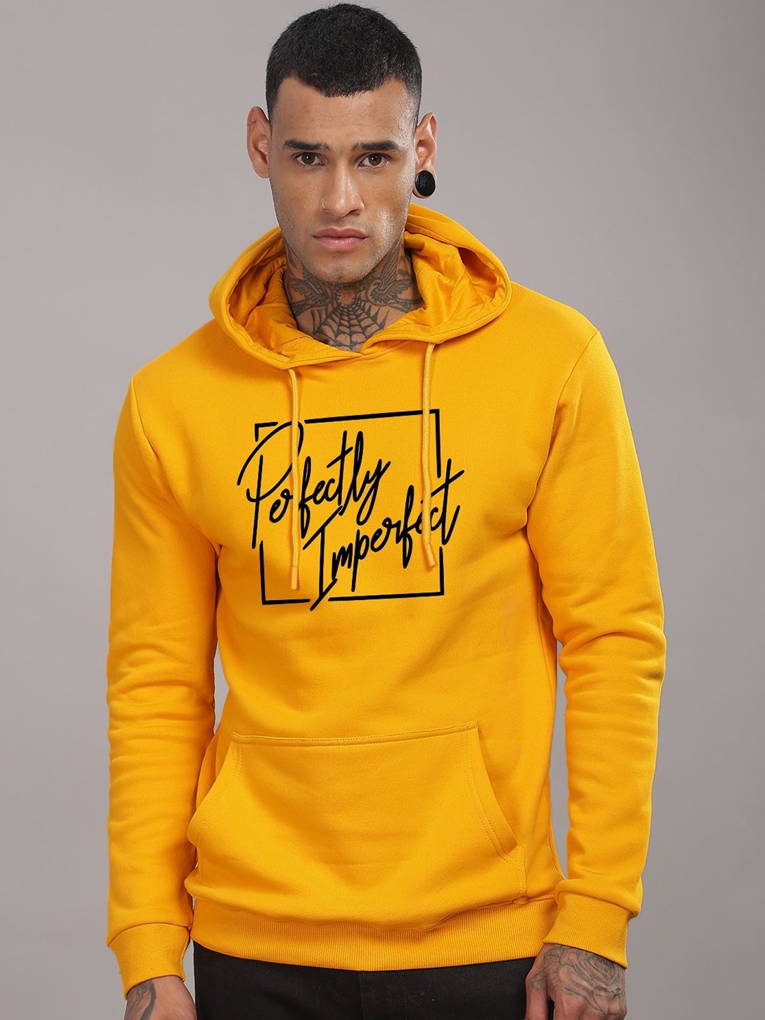 

ADRO Men Printed Hooded Long Sleeves Sweatshirt, Mustard