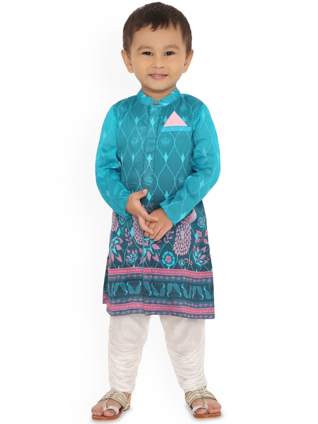 

Miko Lolo Boys Ethnic Motifs Printed Regular Chanderi Silk Kurta With Churidar, Turquoise blue