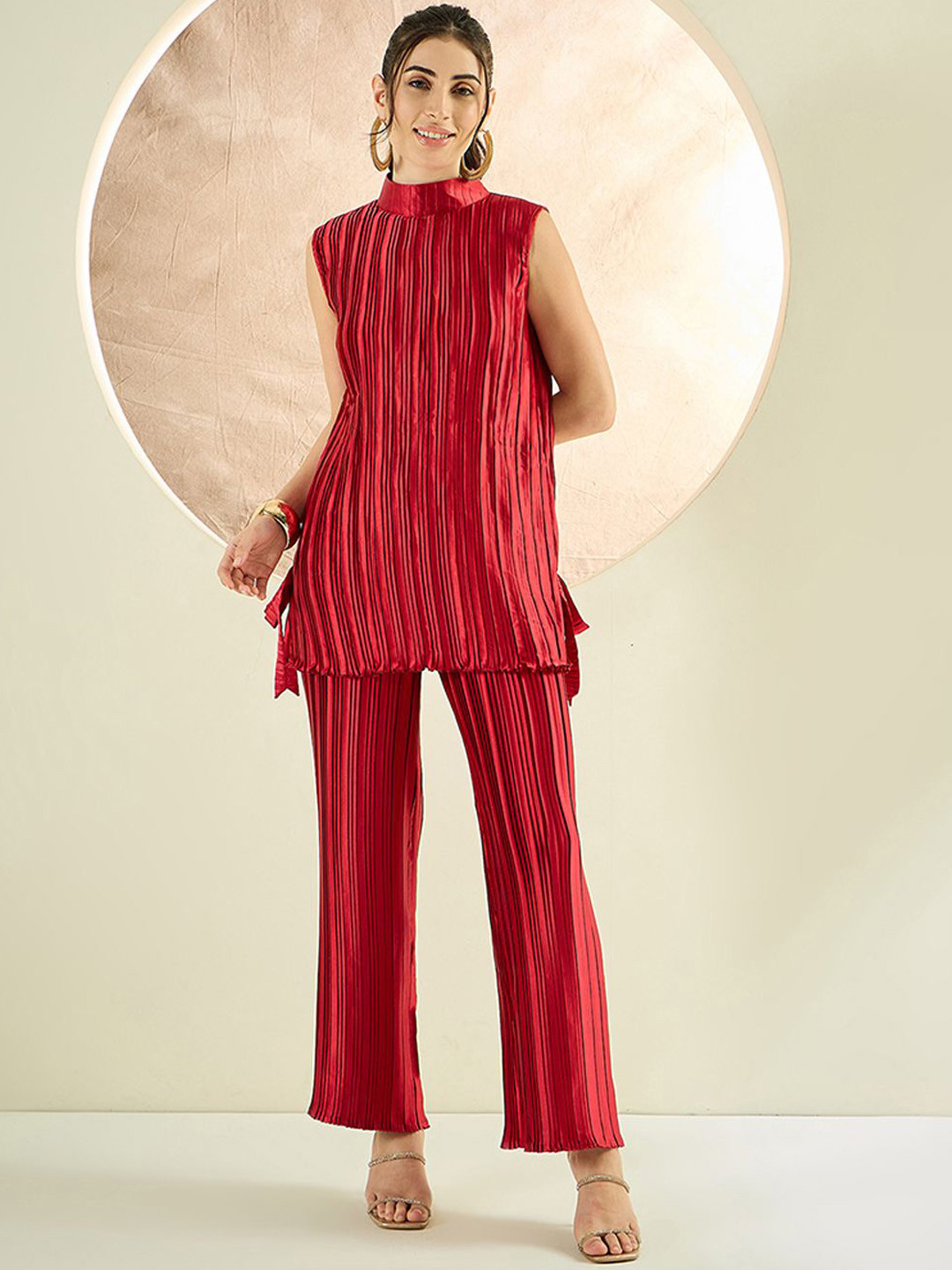 

First Resort by Ramola Bachchan Turtle Neck Pleated Top & Palazzo Co-Ords Set, Red