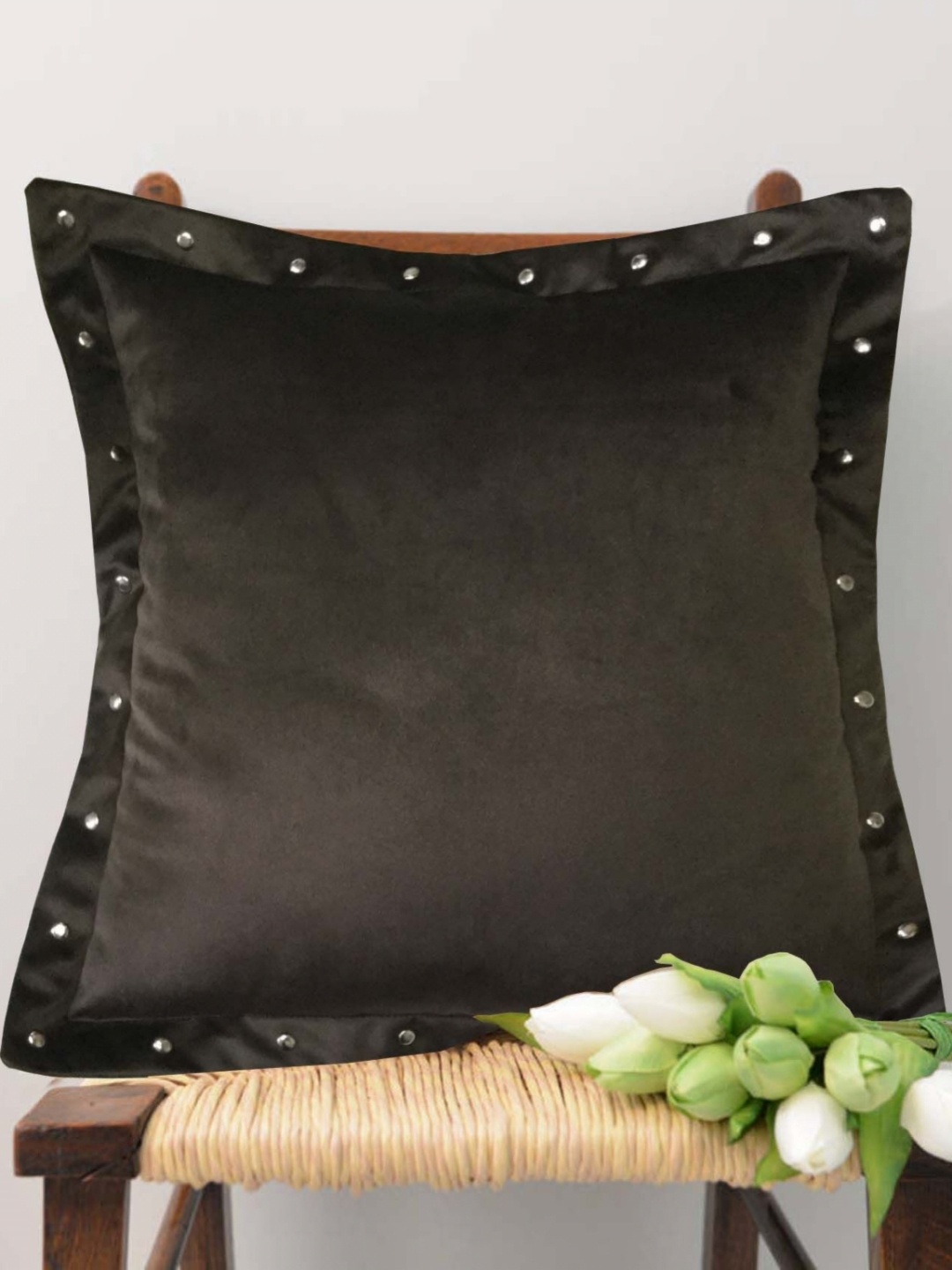 

Lushomes Brown Embellished Velvet Square Cushion Cover