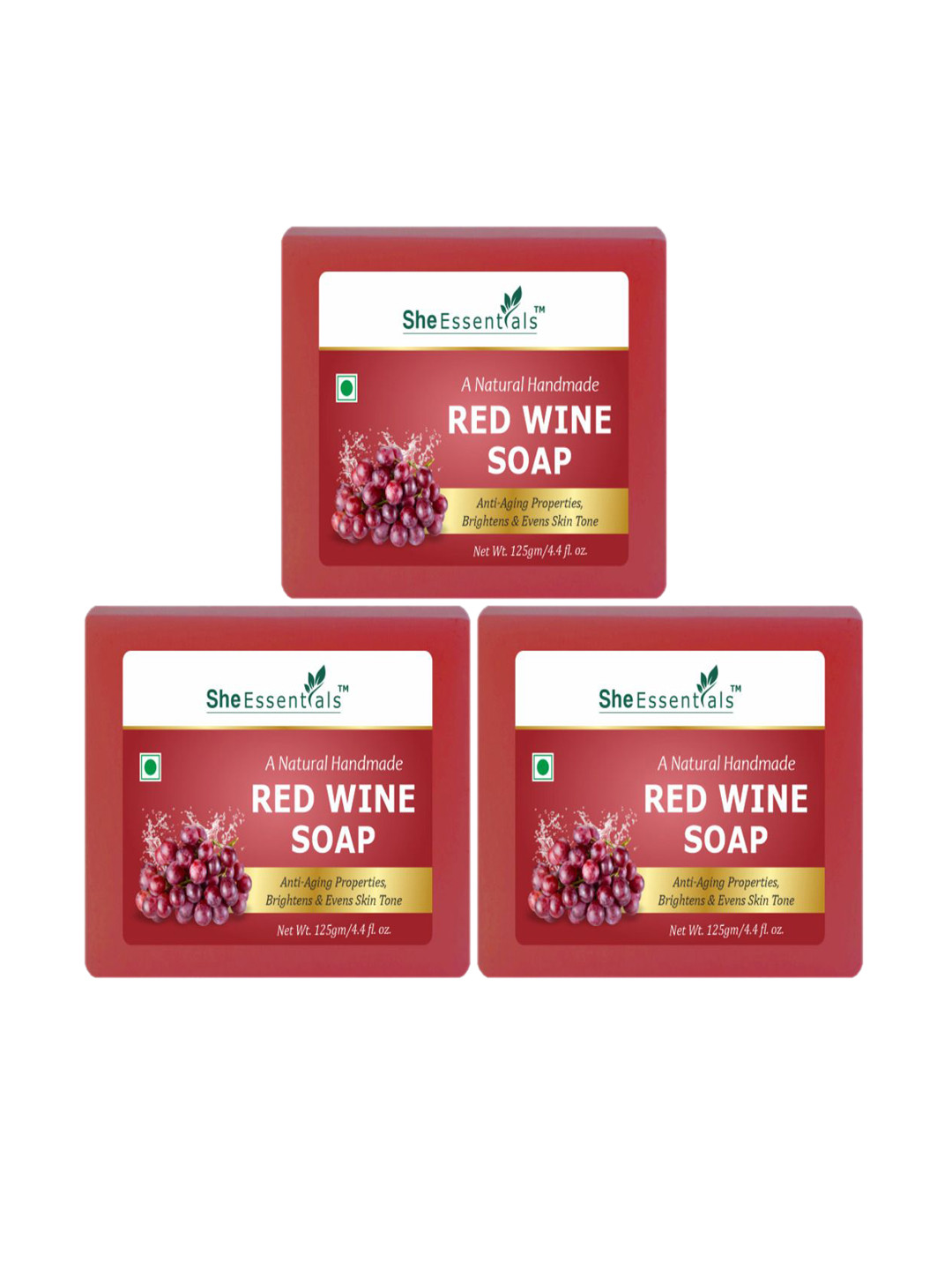 

She Essentials Set Of 3 Natural Red Wine Soap - 125 g Each, Transparent