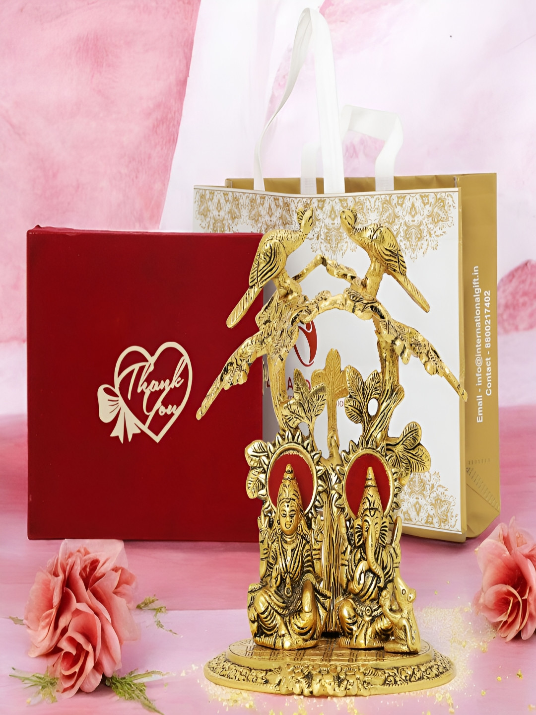 

INTERNATIONAL GIFT Gold-Toned Laxmi Ganesh Idol with Velvet Box, Carry Bag & Thank You Tag