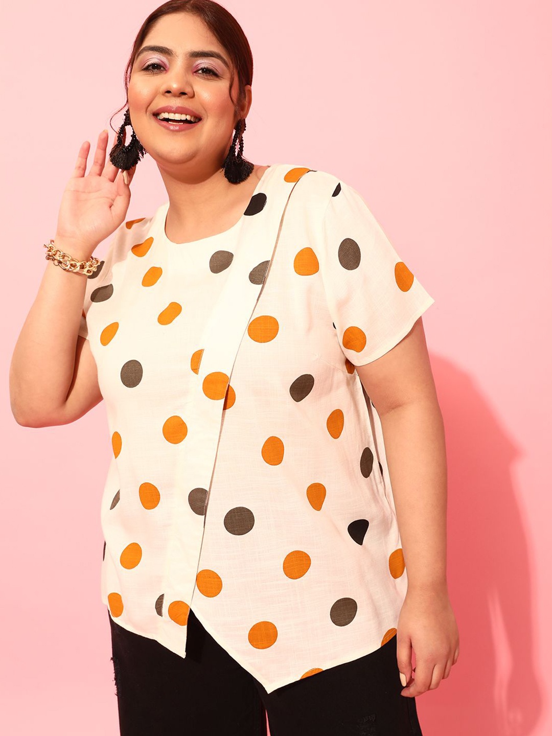 

CURVY STREET Women Polka Dots Printed Round Neck Top, Cream