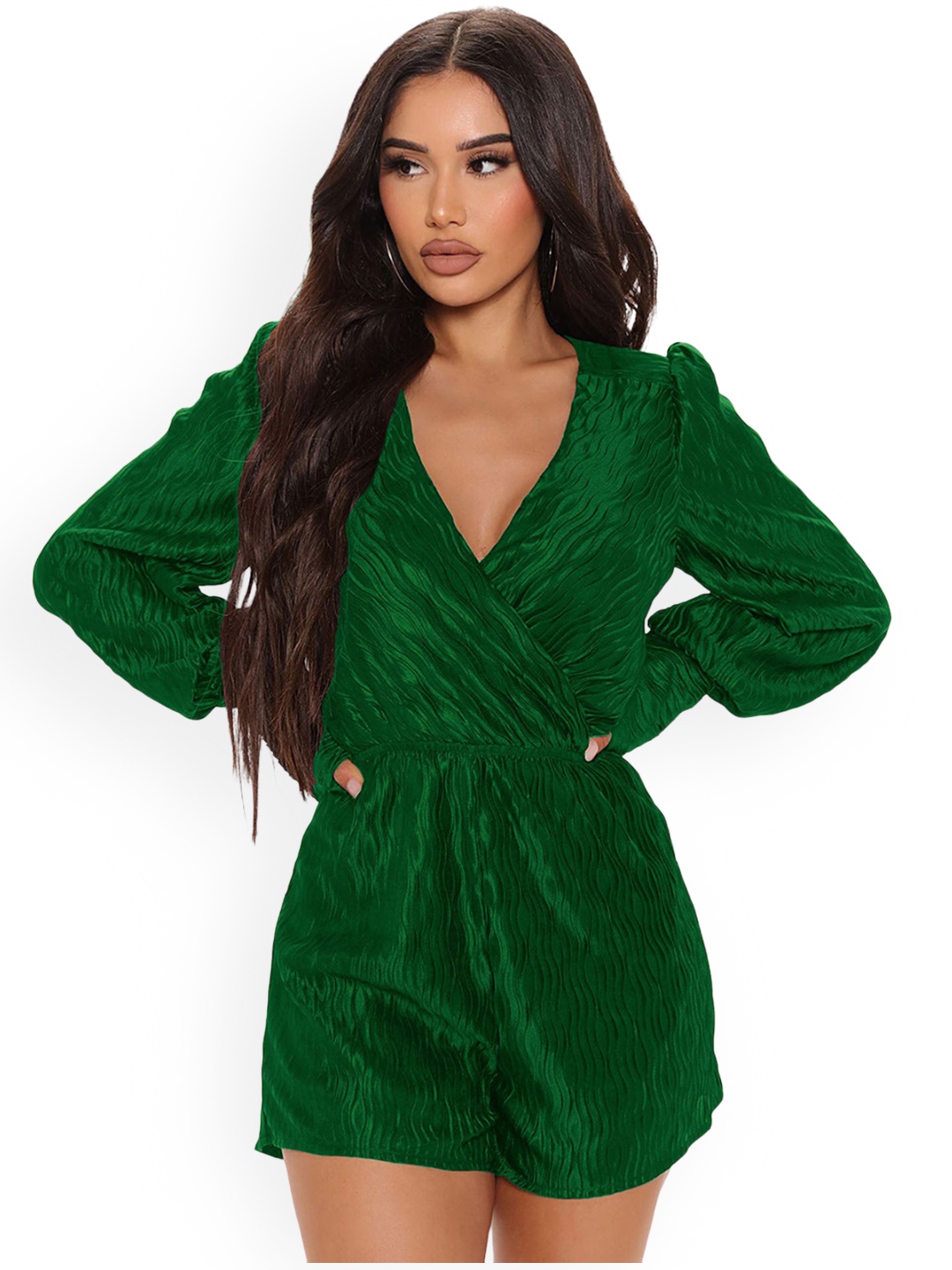 

LULU & SKY Solid V Neck Regular Playsuit, Green