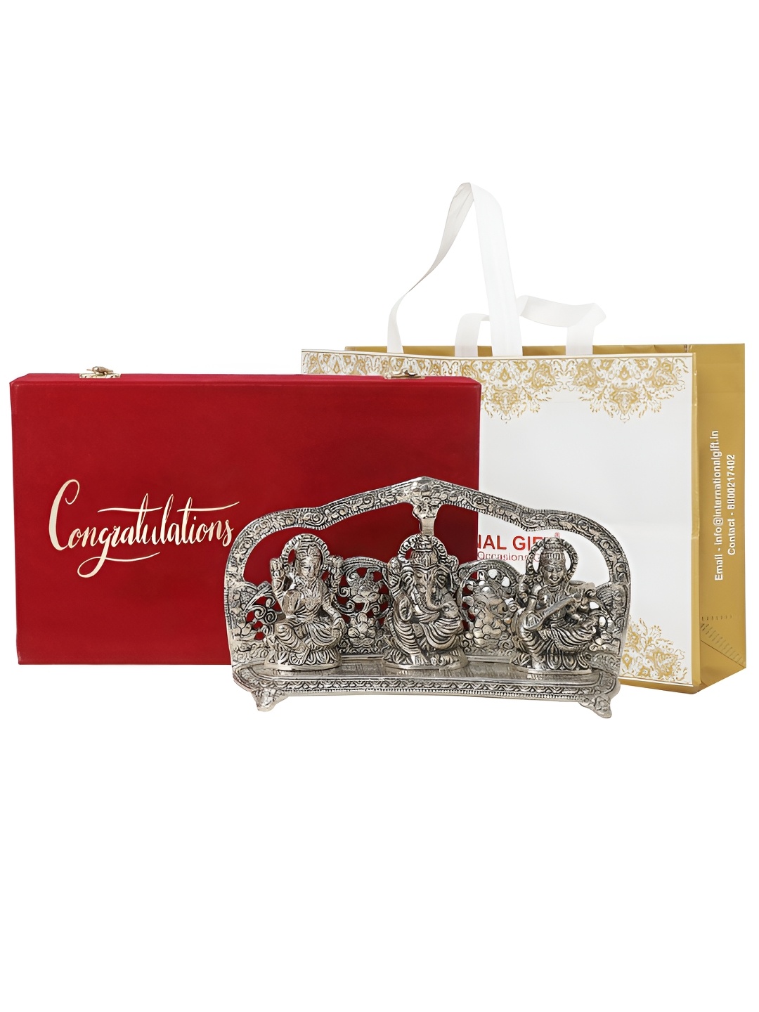 

INTERNATIONAL GIFT Silver-Toned Religious Showpiece Velvet Box, Carry Bag & Tag