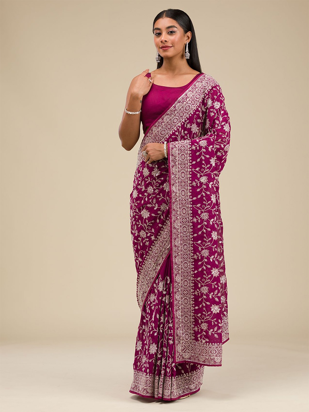 

Koskii Floral Embroidered Heavy Work Saree, Purple