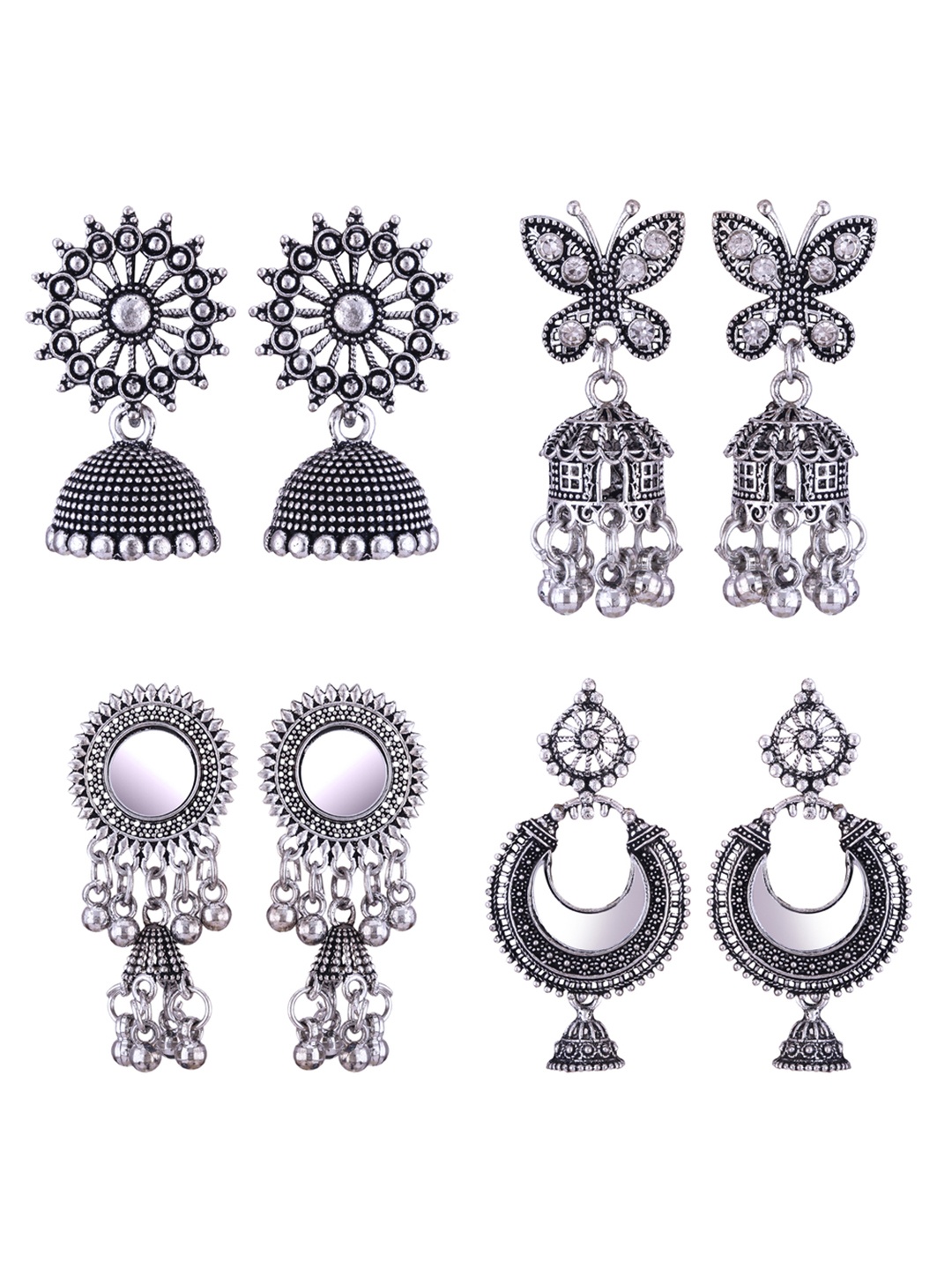 

DIVASTRI Set of 4 Silver Plated Dome Shaped Oxidised Jhumkas