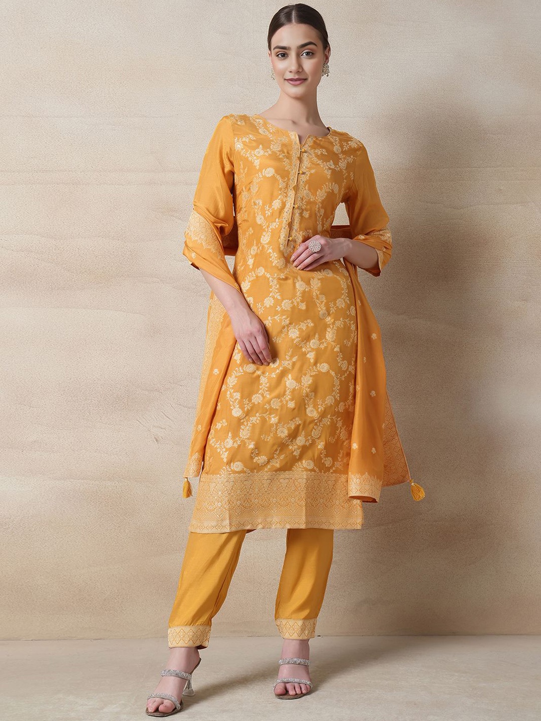

Rang by Indya Floral Woven Design Zari Work Straight Kurta With Trouser & Dupatta, Yellow