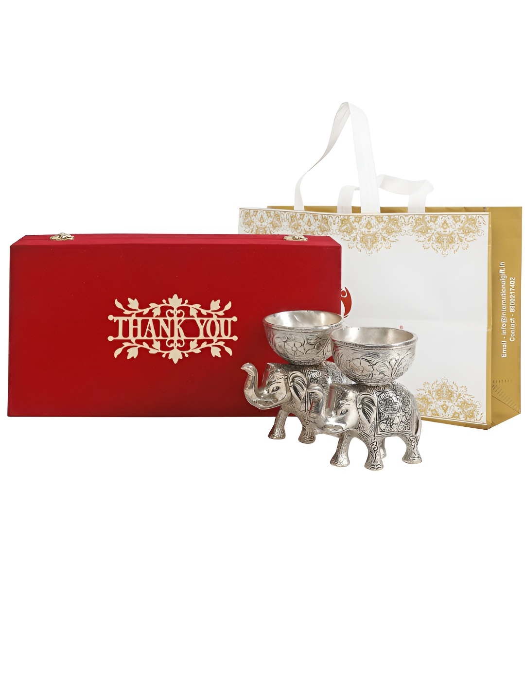 

INTERNATIONAL GIFT Silver-Toned Figurine Elephant Bowl Showpiece with Velvet Box