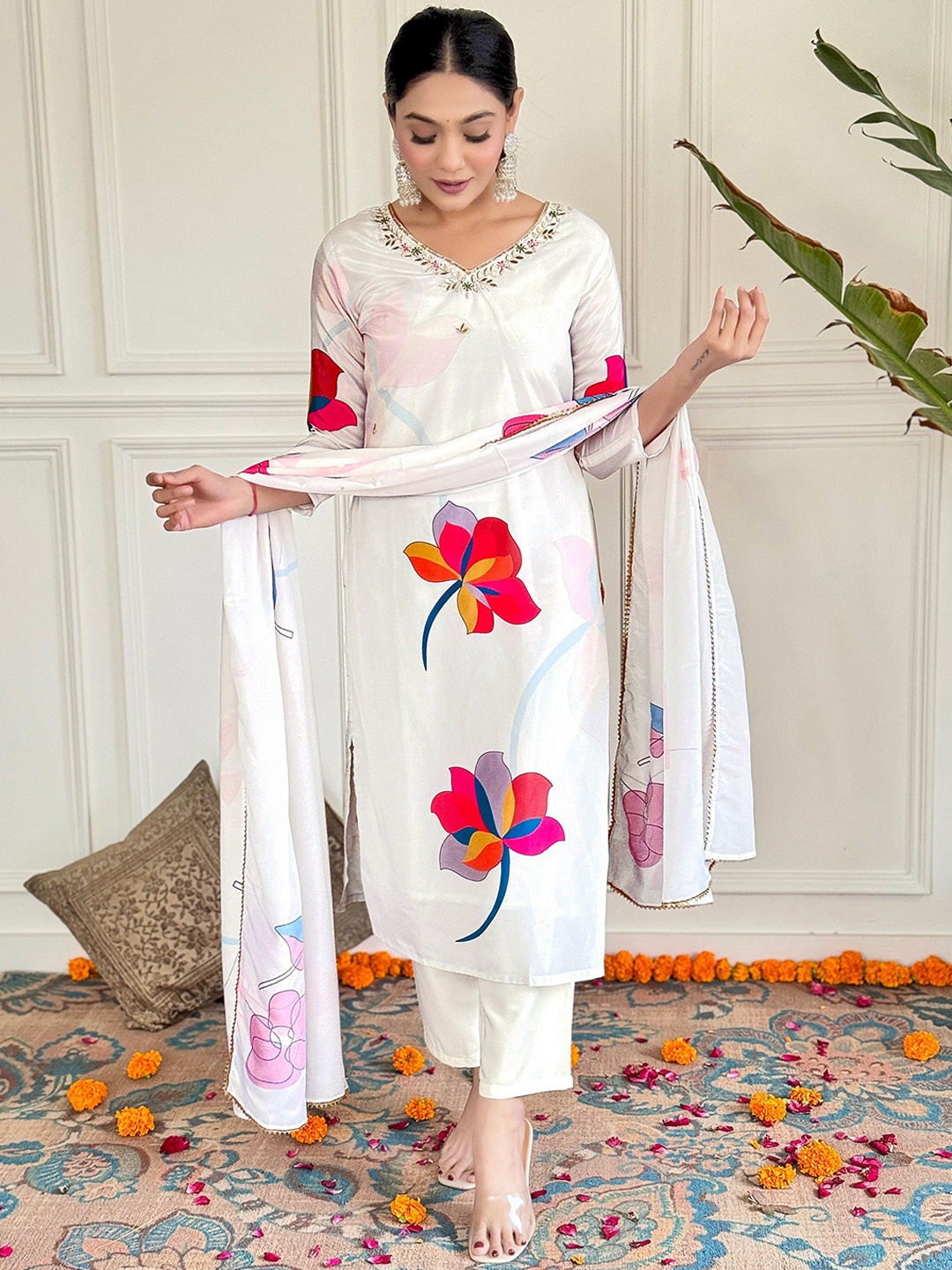 

KALINI Floral Embroidered Kurta With Trousers & Dupatta, White