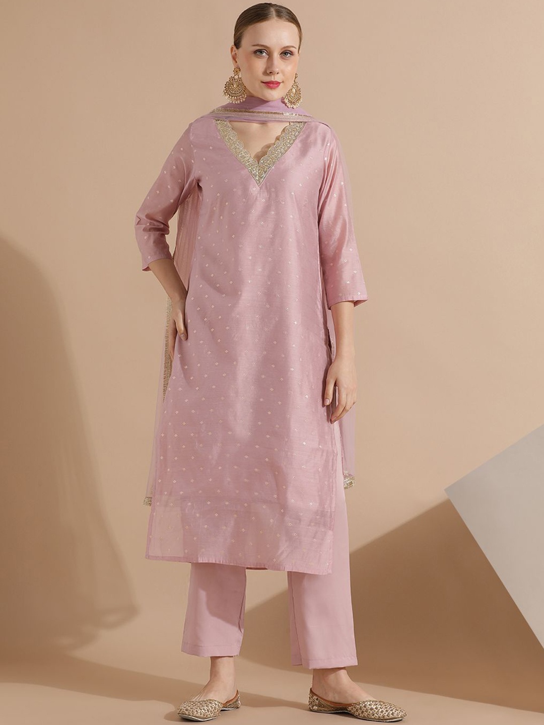 

Jaipur Kurti Chanderi Woven Festive Kurta Set with Dupatta, Pink