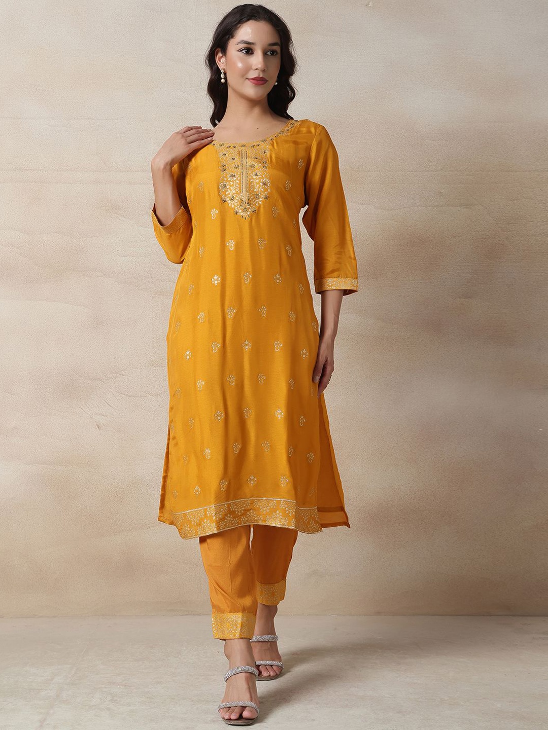 

Rang by Indya Floral Woven Design Straight Kurta with Trousers & Dupatta, Yellow
