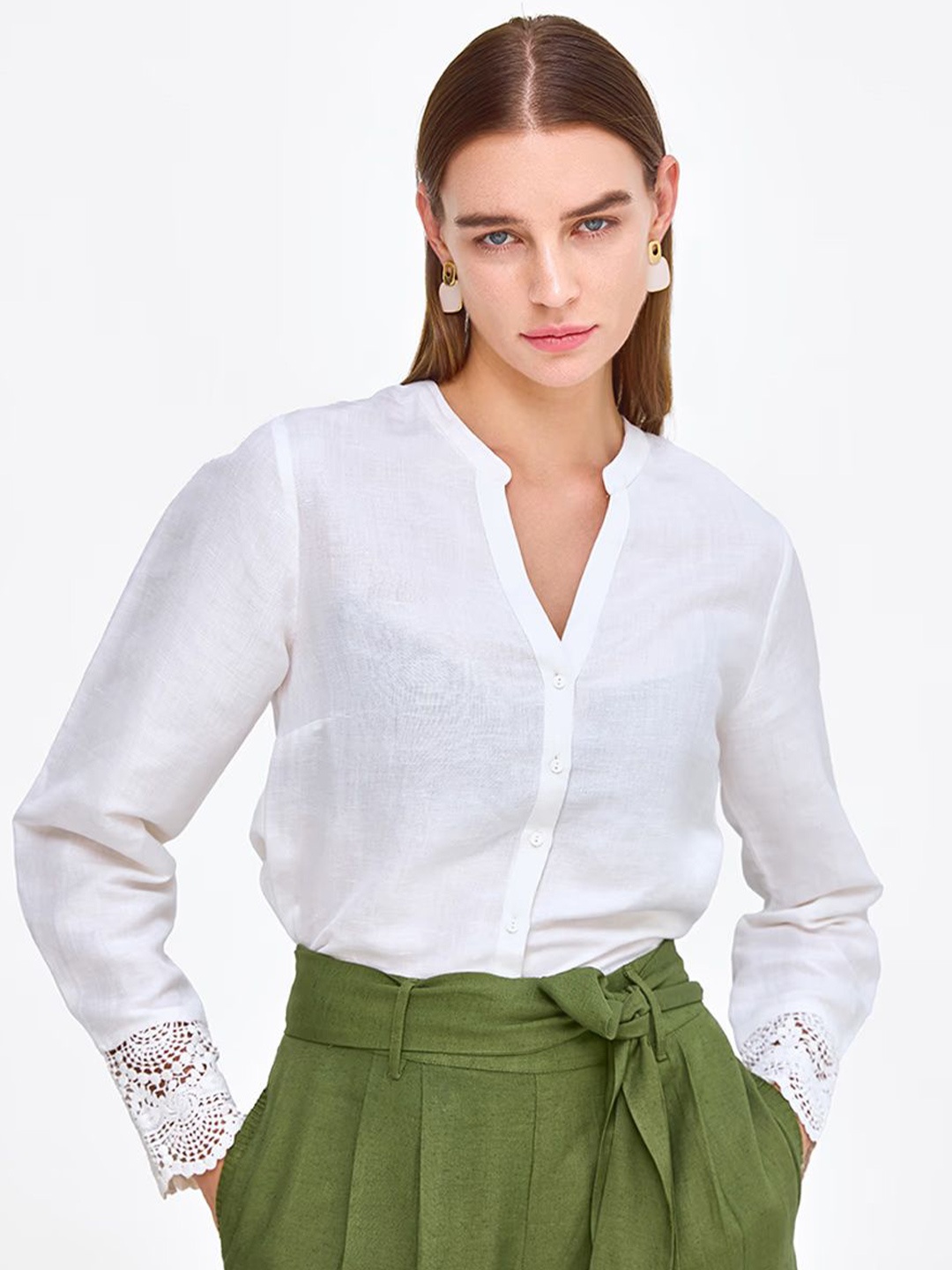 

COVER STORY Women Mandarin Collar Solid Linen Blend Casual Shirt, Off white