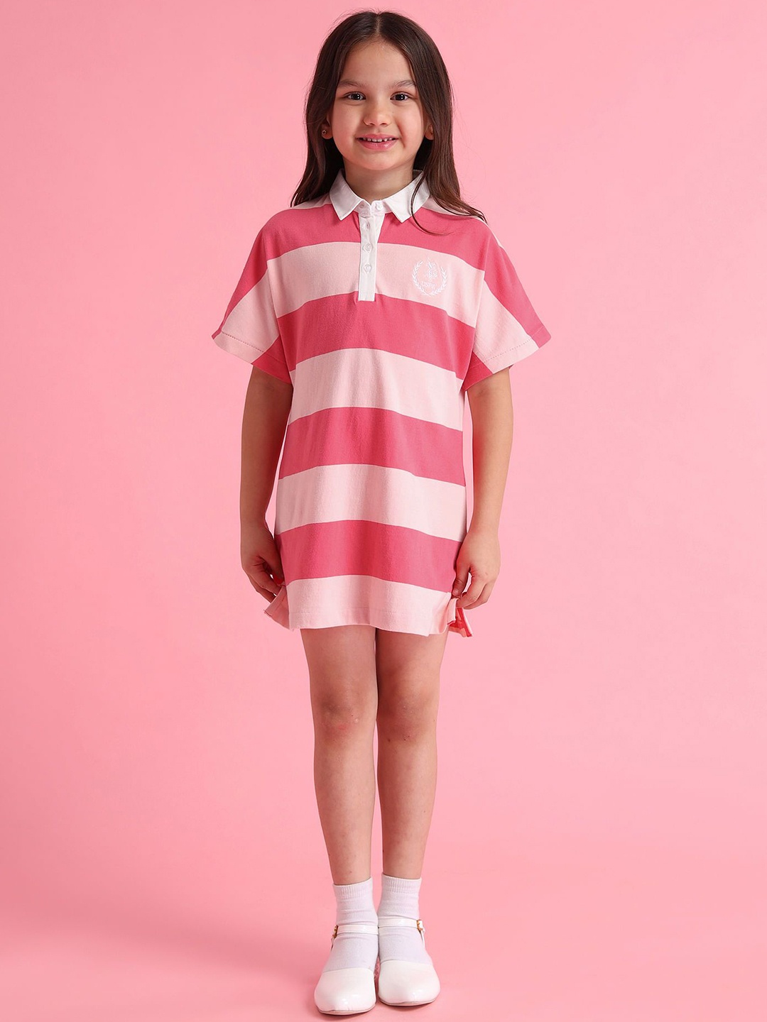 

U.S. Polo Assn. Kids Girls Shirt Collar Striped A-Line Dress, Pink