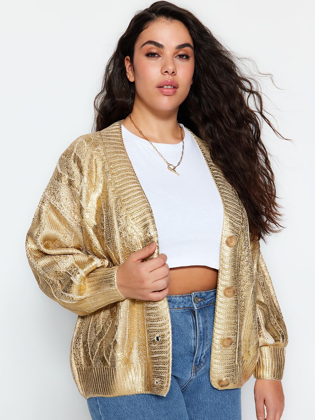 

Trendyol Women Cable Knit Cardigan, Gold