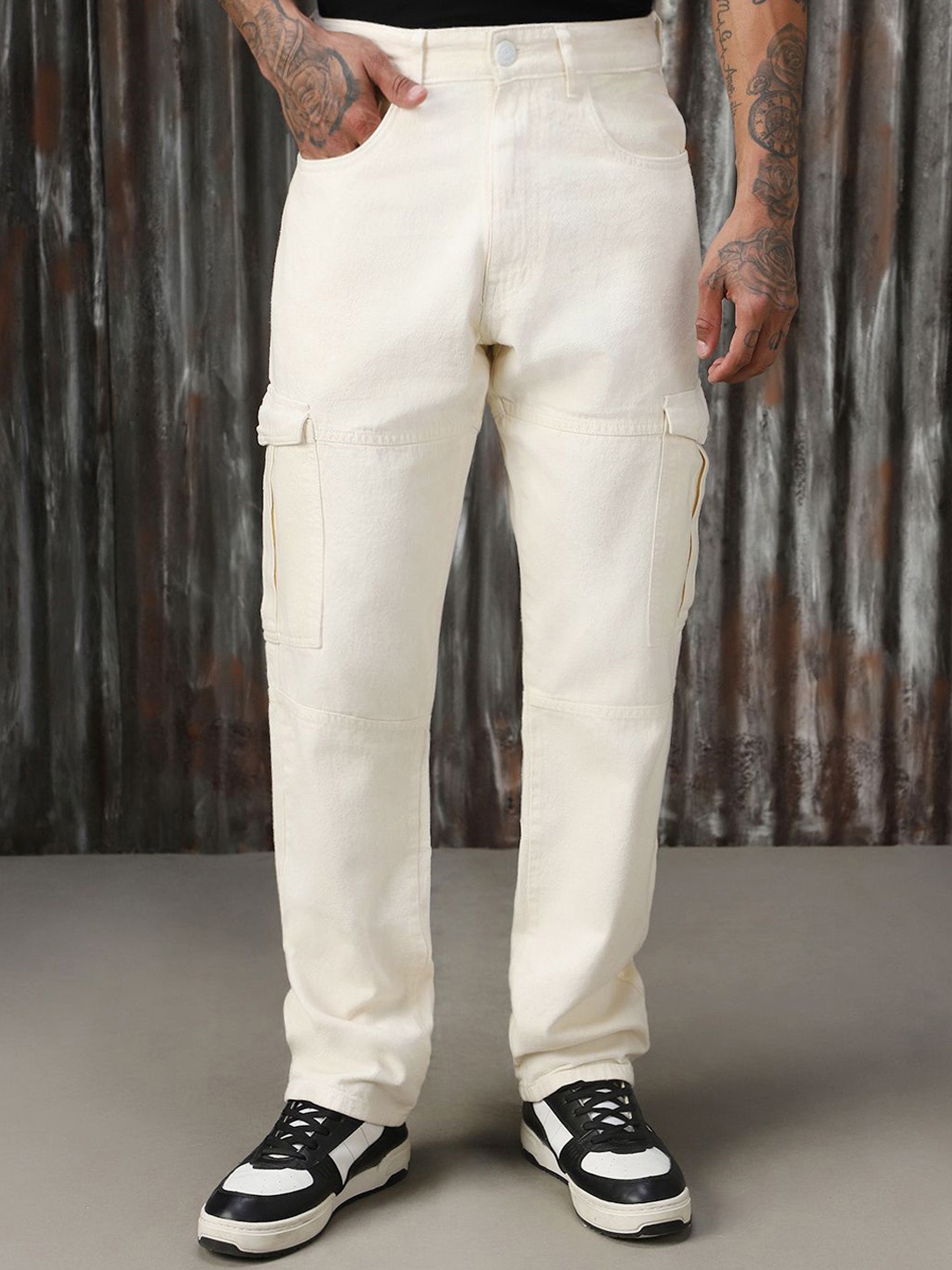 

High Star Men Relaxed Fit Cargo Jeans, Off white