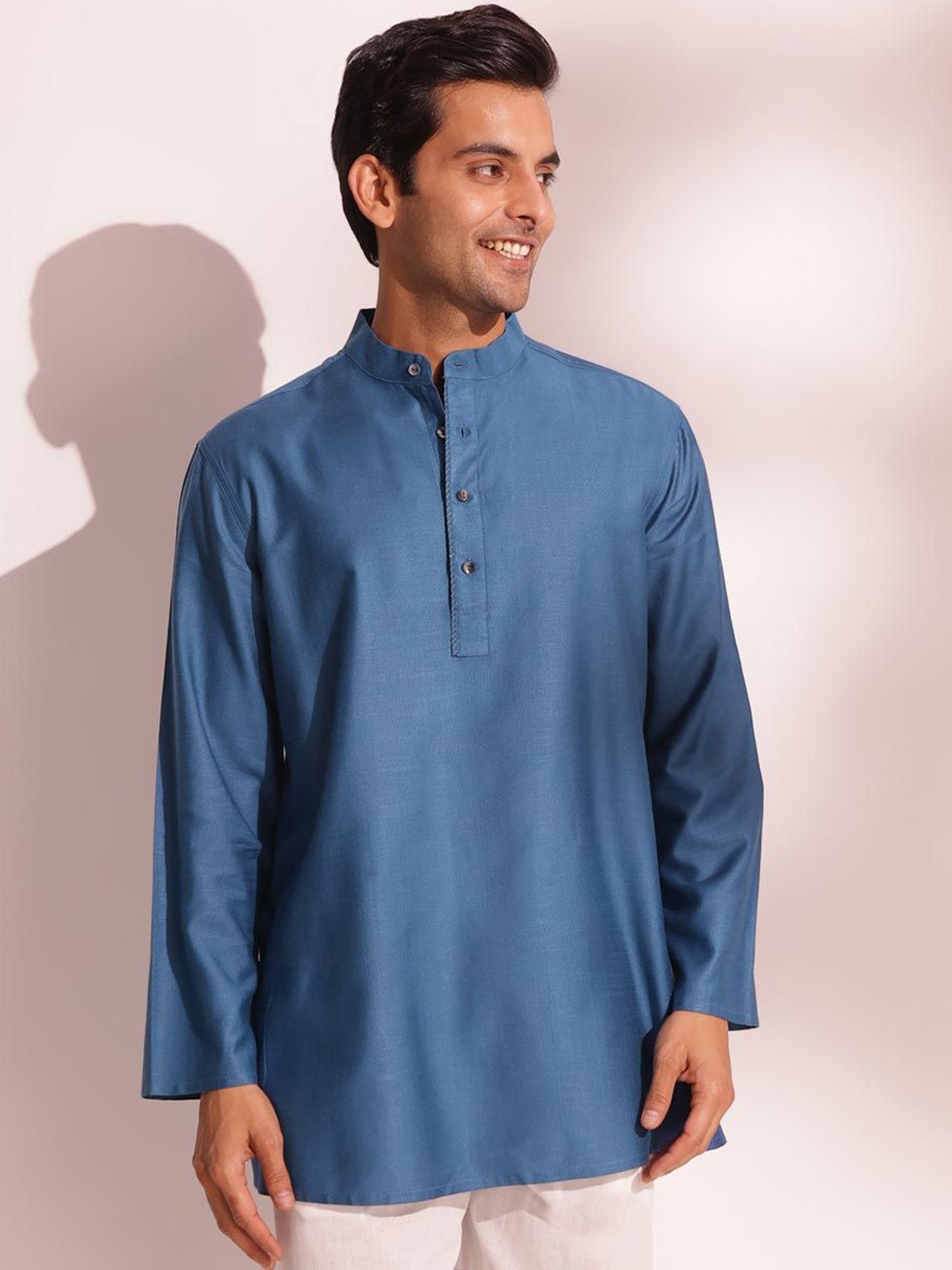 

Fabindia Band Collar Long Sleeves Regular Straight Kurta, Blue