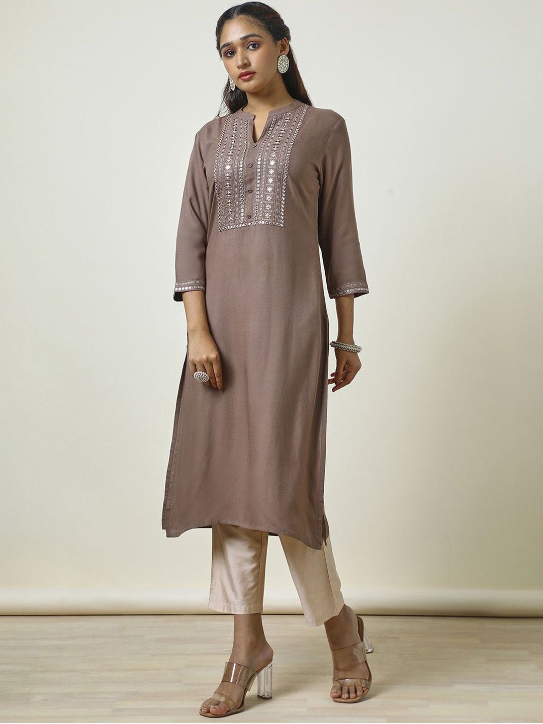 

Soch Brown Geometric Yoke Design Mandarin Collar Mirror Work Straight Kurta