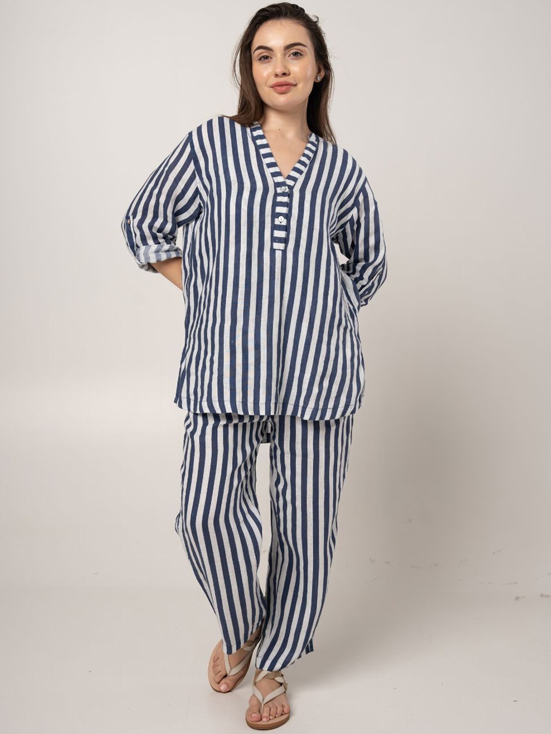 

Fabulous Striped Printed V-Neck Loose Fit Linen Tunic With Trousers, Navy blue