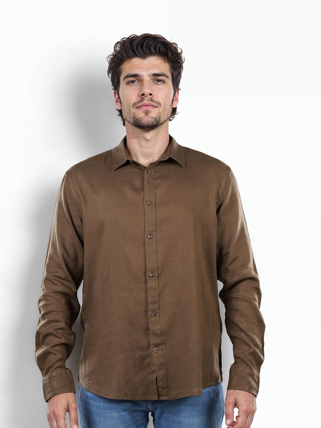 

Celio Men Classic Spread Collar Solid Linen Casual Shirt, Brown