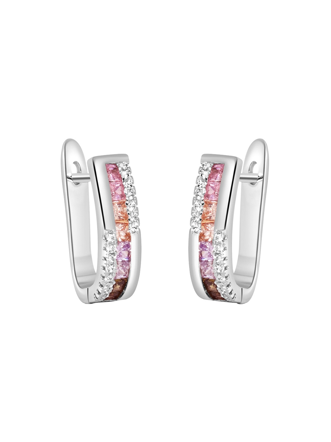 

925 SILLER Rhodium Plated Contemporary Zircon Hoop Earrings, Silver