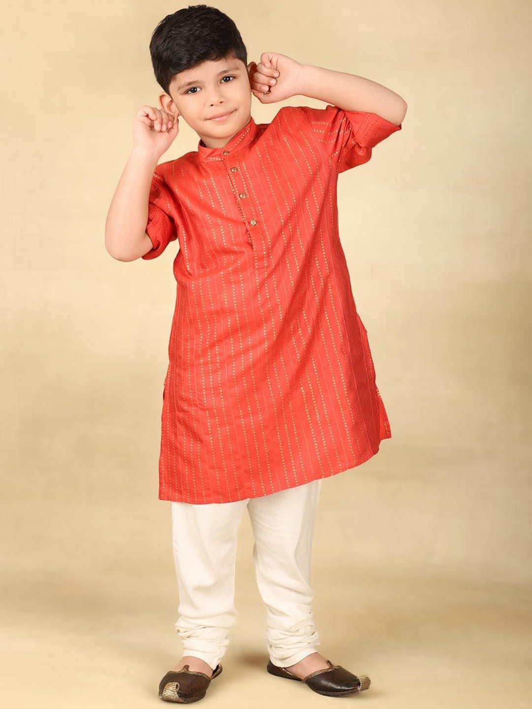 

Fabindia Boys Striped Band Collar Long Roll-Up Sleeves Kurta, Red