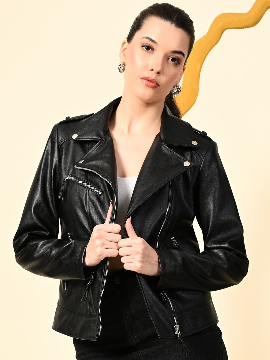 

TBOJ Women Crop Leather Biker Jacket, Black