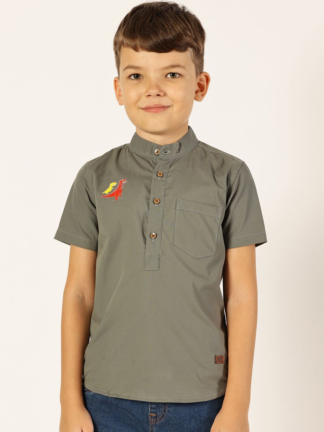 

Killer Boys Premium Band Collar Solid Cotton Casual Shirt, Olive