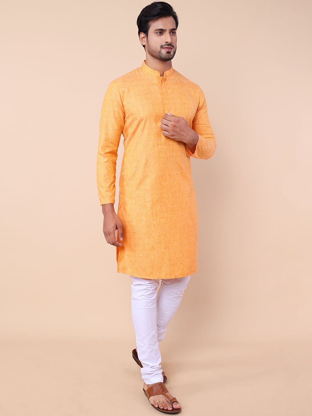 

NAMASKAR Mandarin Collar Pure Cotton Straight Kurta With Churidar, Orange