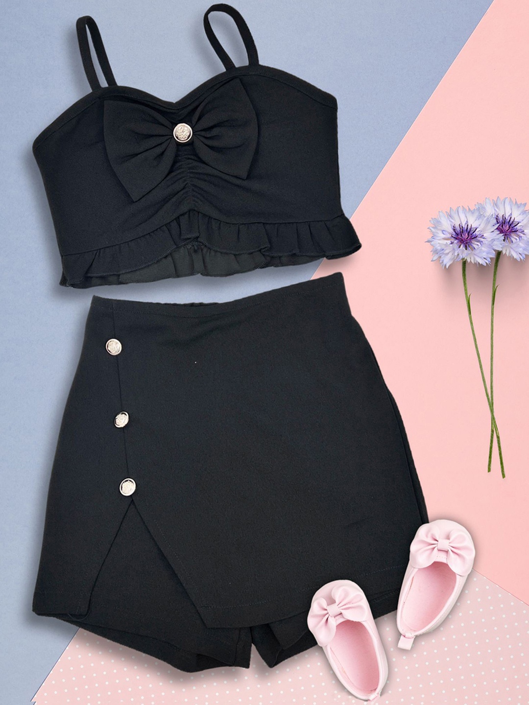 

ADDYVERO Kids Embellished Shoulder Straps Sleeveless Top & Skorts, Black