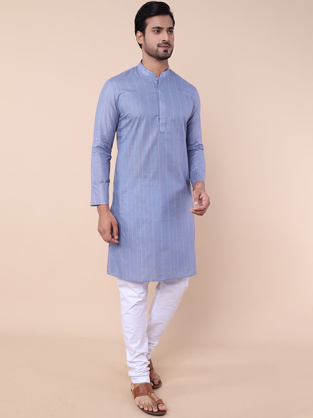 

NAMASKAR Striped Printed Mandarin Collar Straight Kurta, Blue