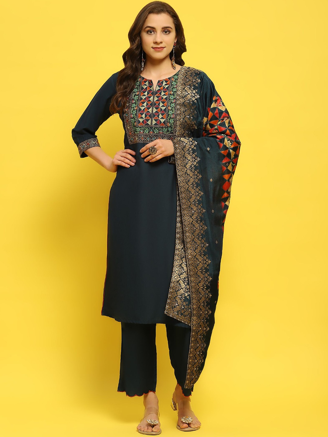 

Shree Ethnic Motifs Printed Thread Work Jacquard Straight Kurta With Trousers & Dupatta, Blue