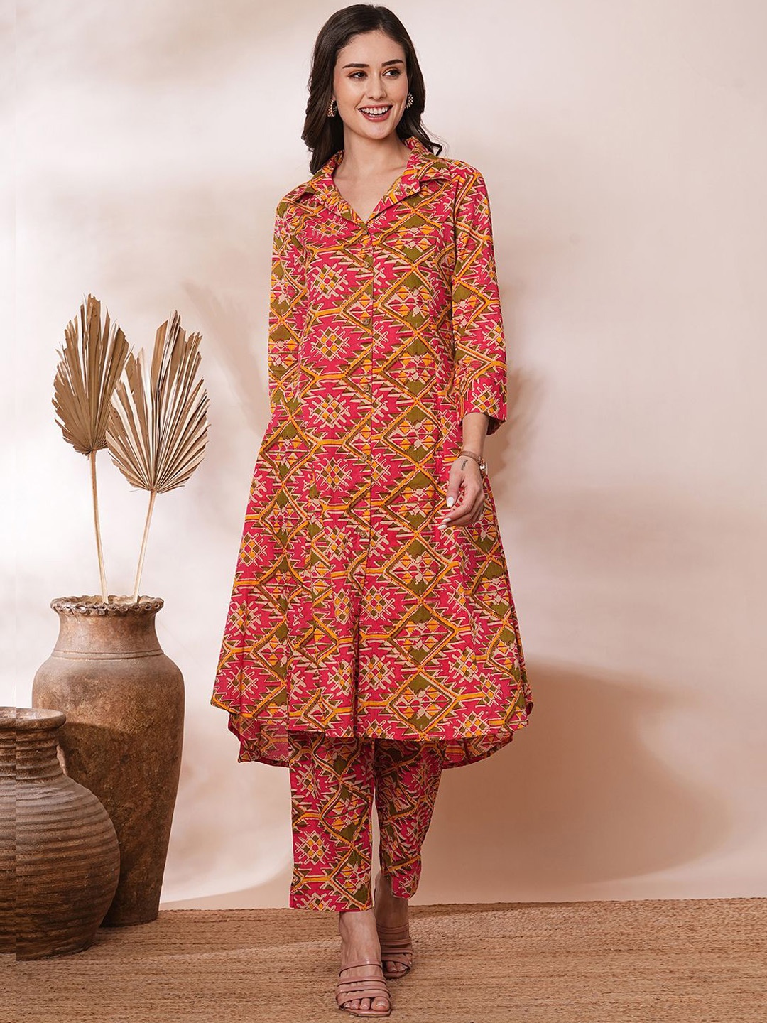 

FASHOR Floral Printed Pure Cotton Tunic & Trousers, Pink