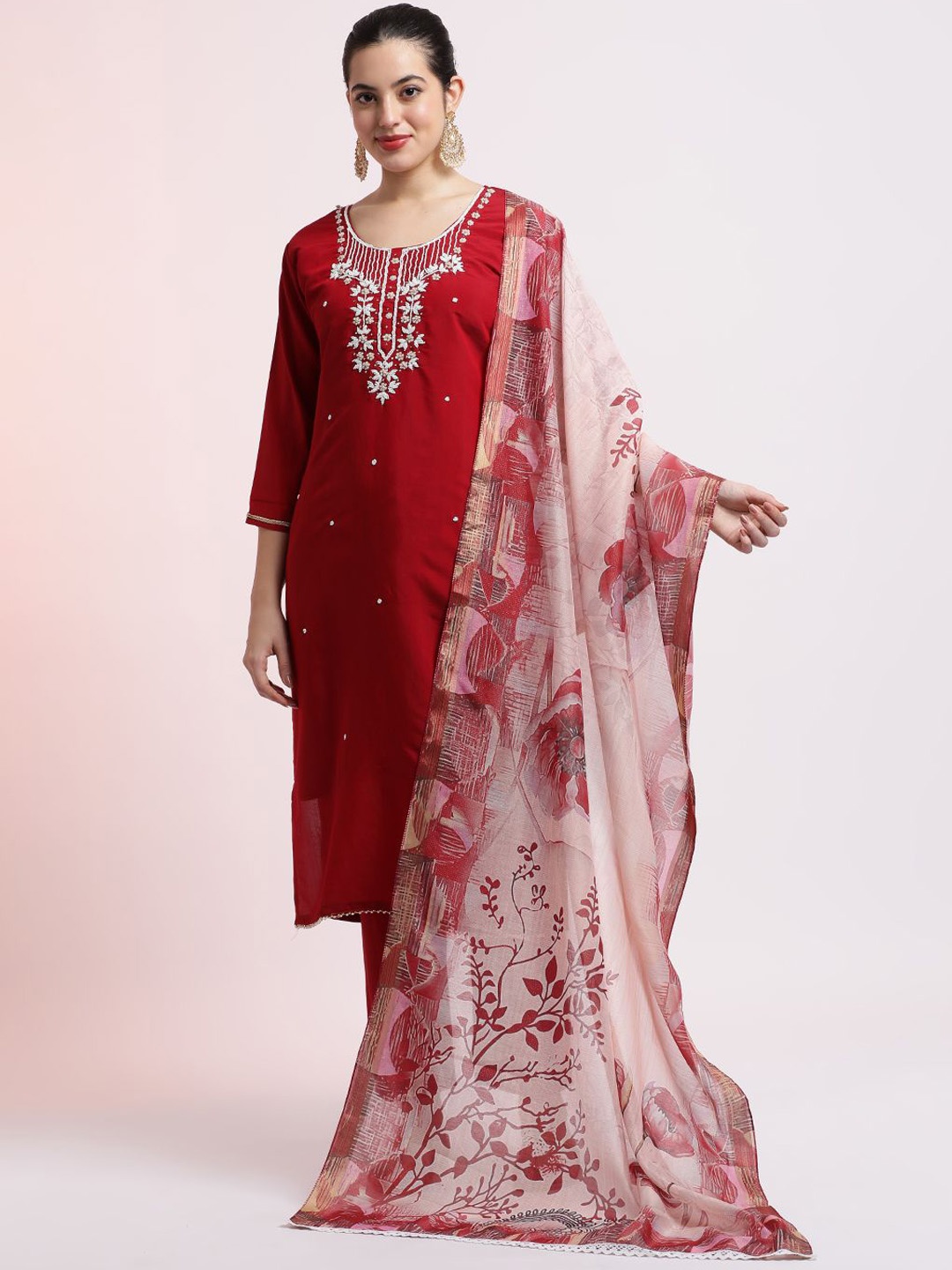 

Jaipur Kurti Embroidered Cotton Festive Kurta Set With Dupatta, Red
