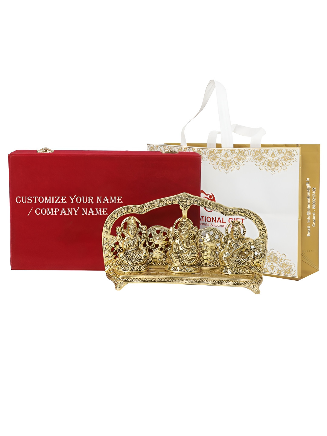 

INTERNATIONAL GIFT Gold-Toned Lakshmi Ganesh Saraswati Idol with Tag & Velvet Box