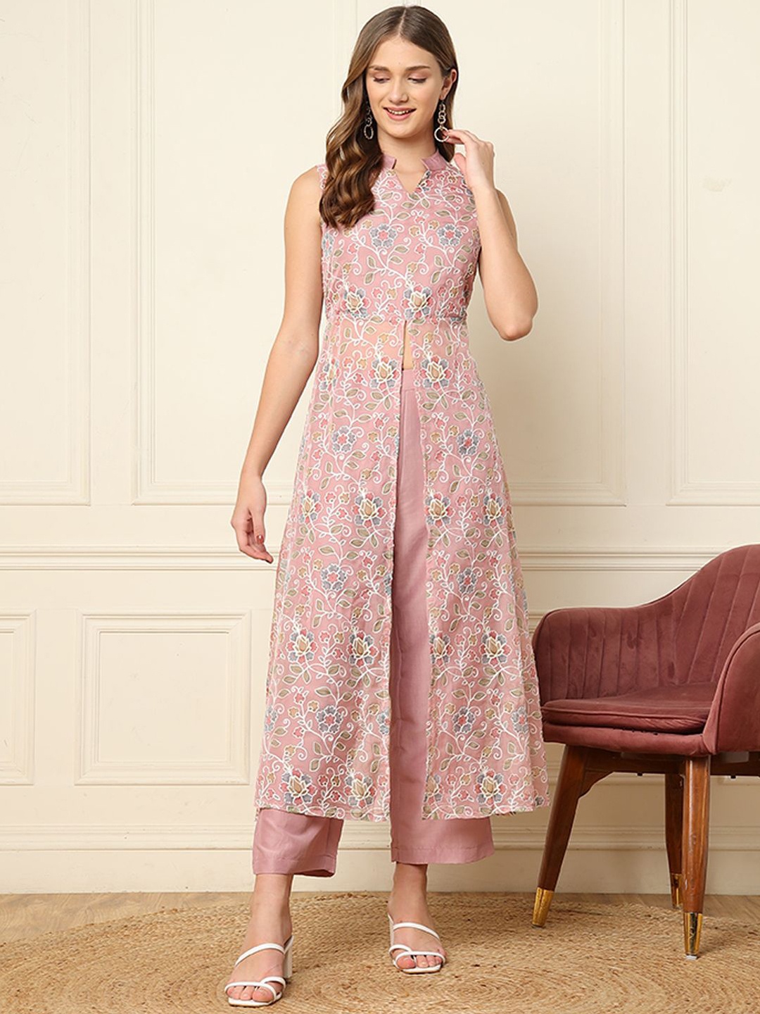 

DEEBACO Floral Printed Tunic With Trouser, Peach