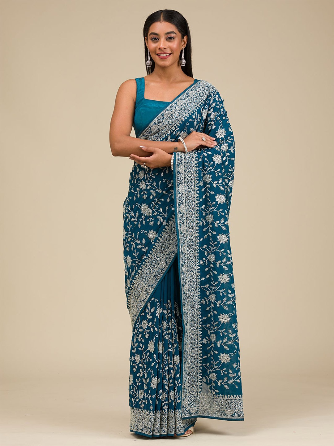 

Koskii Floral Embroidered Saree, Blue