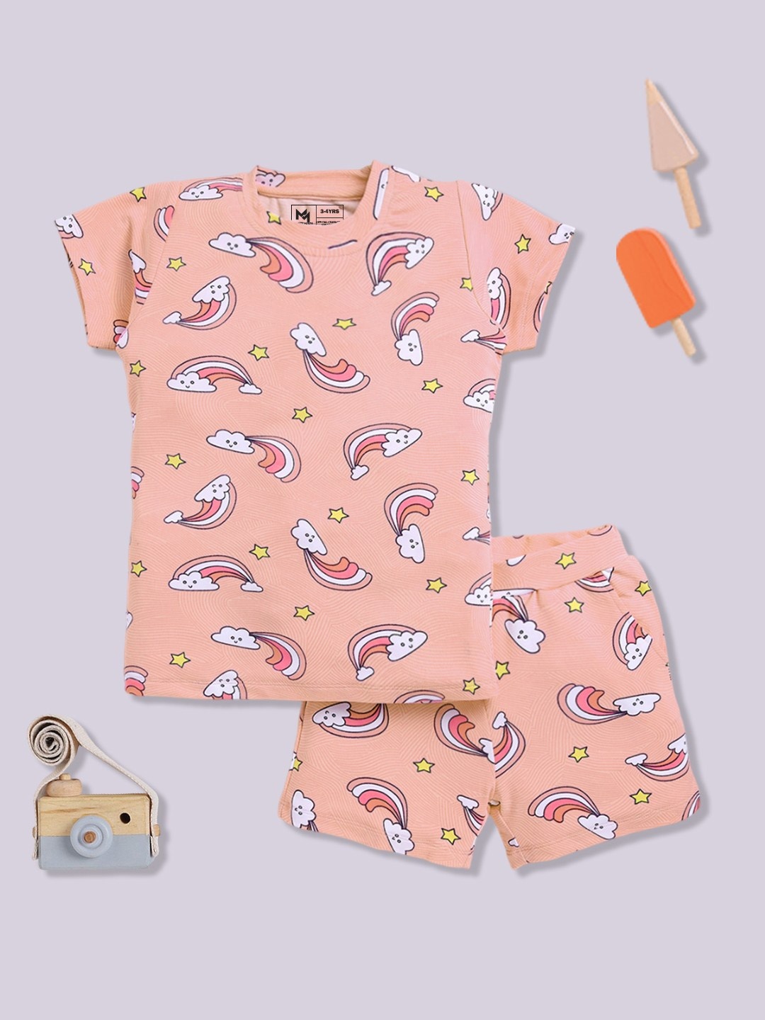 

YK X Minute Mirth Girls Printed Tshirt with Shorts, Orange