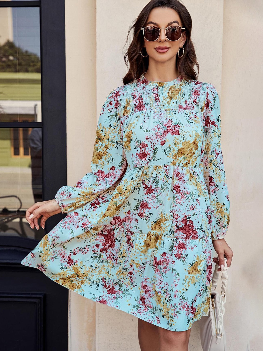 

HERE&NOW Floral Print Tie-Up Neck Puff Sleeve A-Line Dress, Green