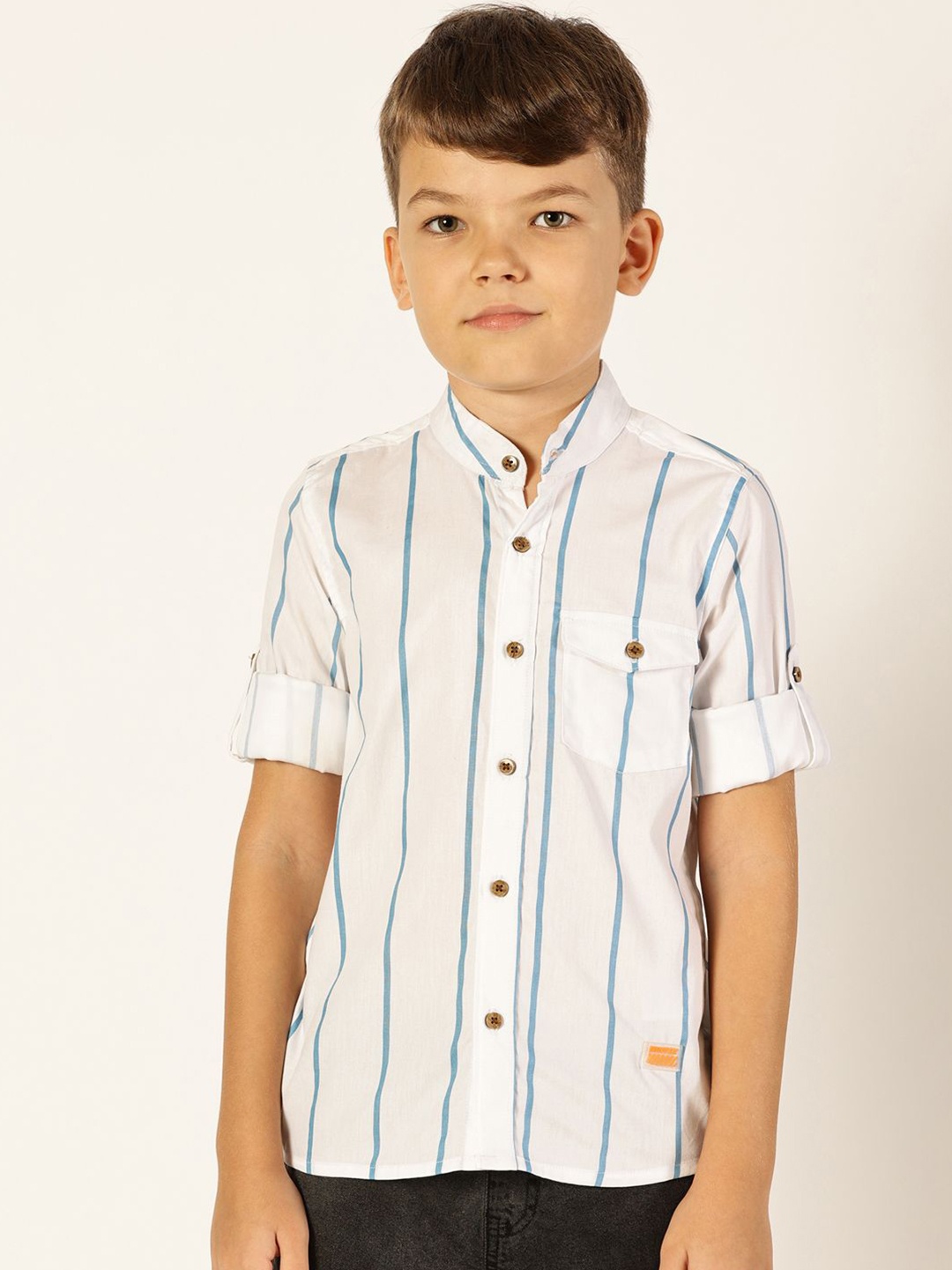 

Killer Boys Premium Band Collar Vertical Striped Cotton Casual Shirt, White