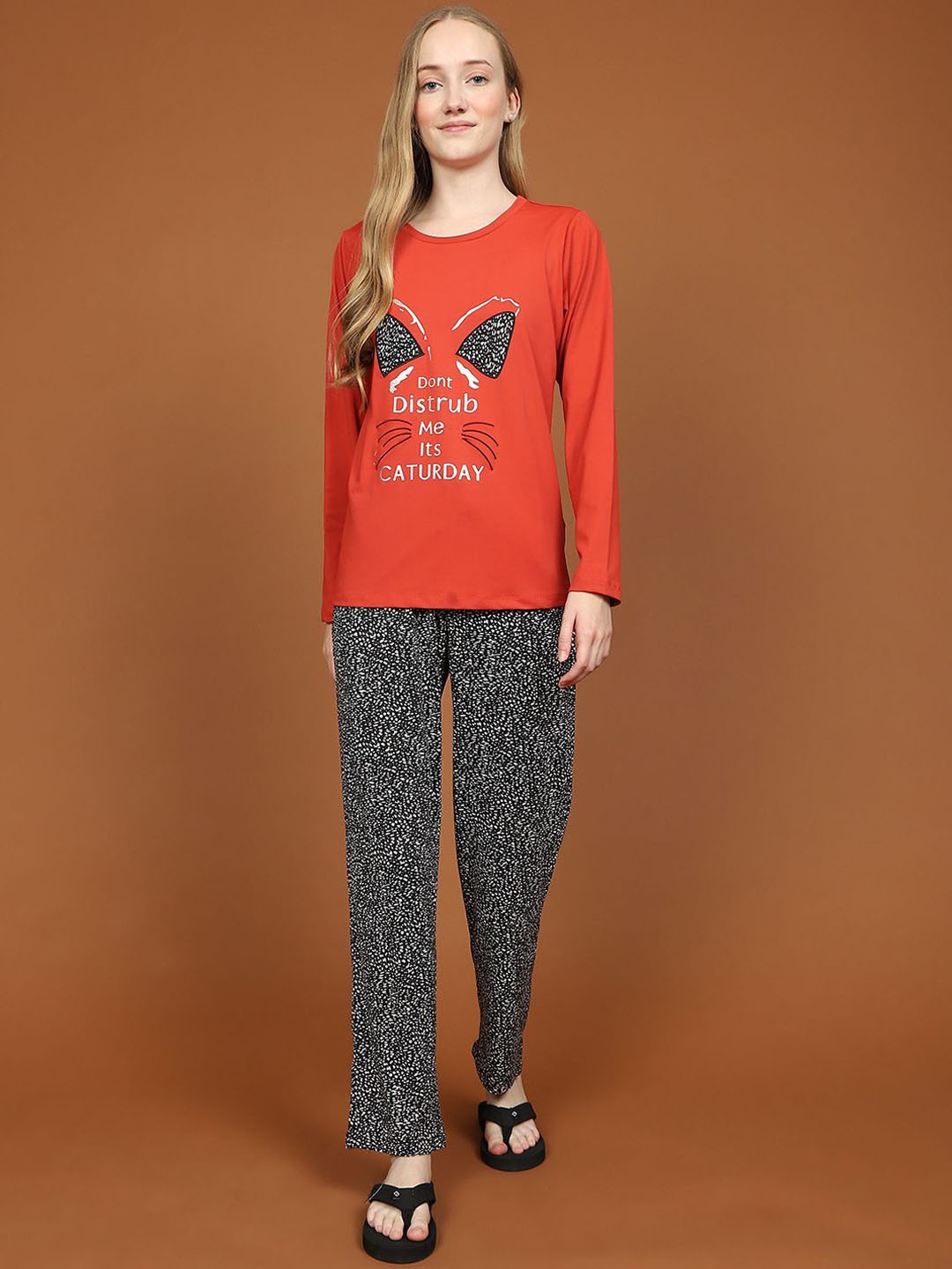 

MADAME M SECRET Women T-shirt Printed Night suit, Rust