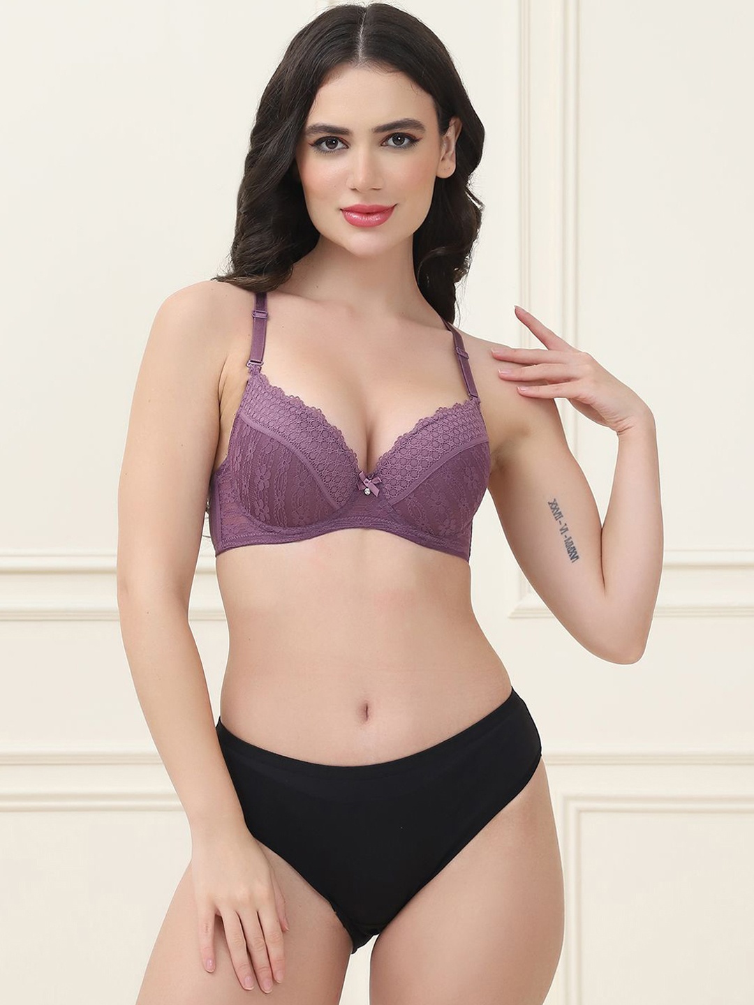 

PrettyCat Women Lightly Padded Underwired Trim Lace Lingerie Set, Purple