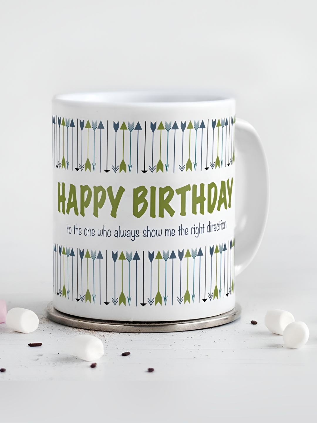 

Indigifts White & Green Printed Ceramic Glossy Mugs 330 ml