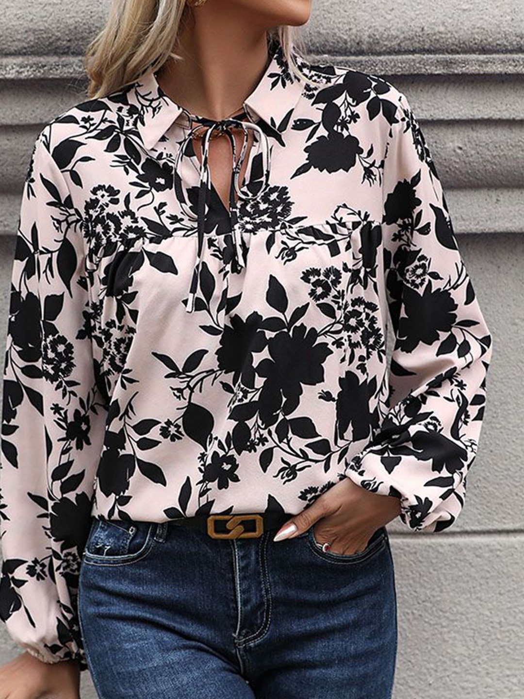 

HERE&NOW Women Floral Printed Shirt Collar Top, Beige