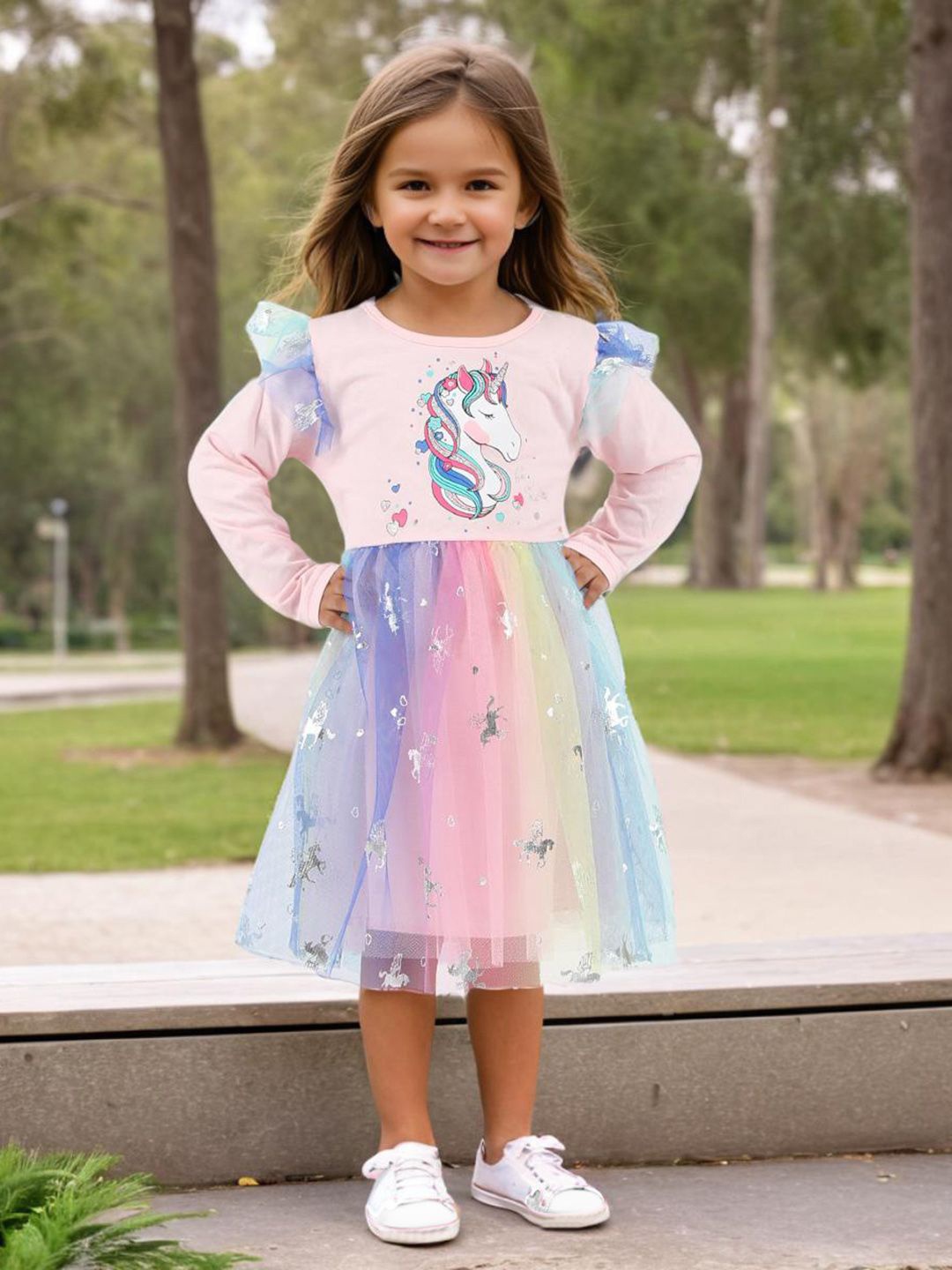 

INCLUD Girls Unicorn Printed Fit & Flare Dress, Pink