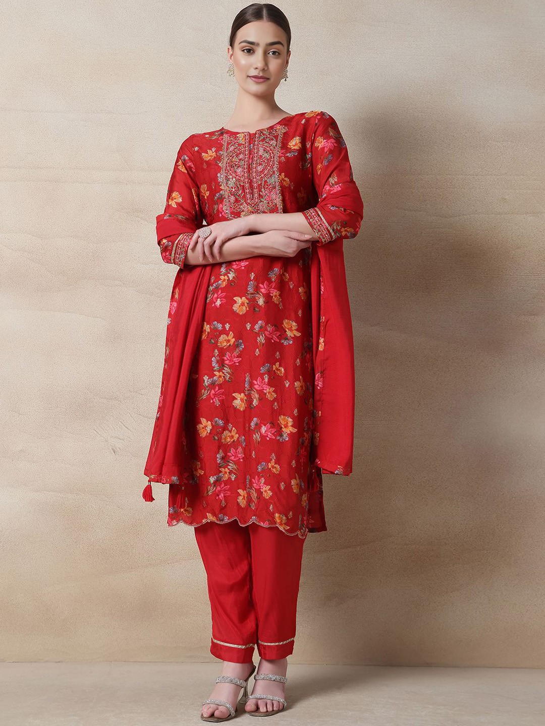 

Rang by Indya Floral Printed Zari Work Straight Kurta With Trouser & Dupatta, Red