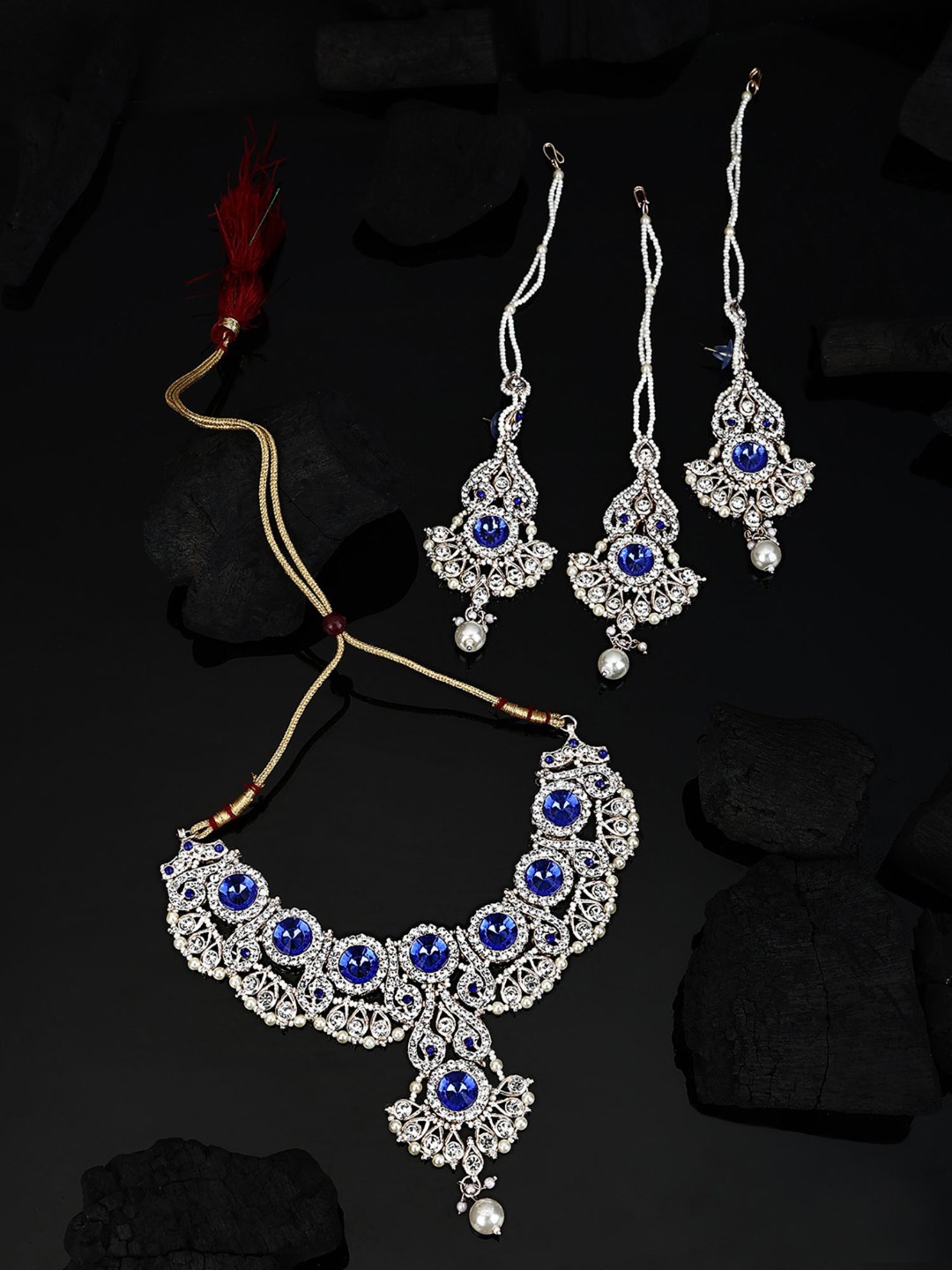

ANIKAS CREATION Sliver-Plated Stone-Studded Jewellery Set, Silver