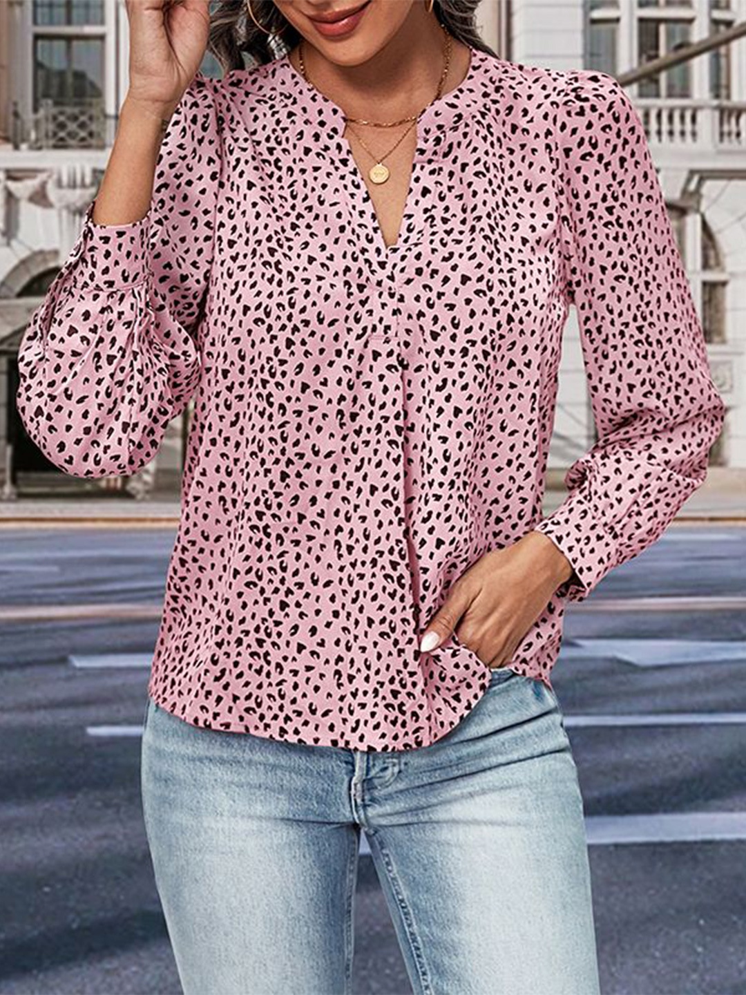 

HERE&NOW Women Printed Mandarin Collar Top, Pink